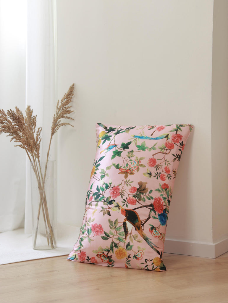 Mulberry Silk Pillowcase: Oriental Bird Floral Design, 22 Momme Silk Bedding