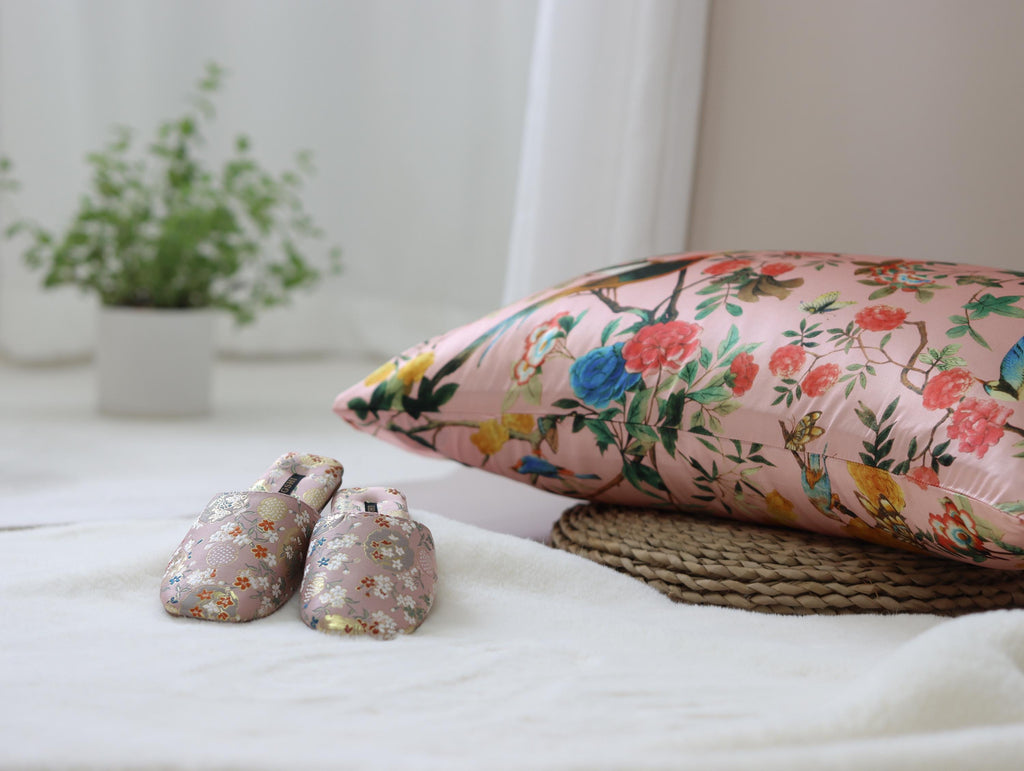 Mulberry Silk Pillowcase: Oriental Bird Floral Design, 22 Momme Silk Bedding