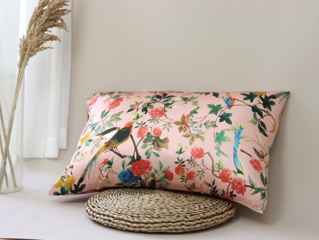 Mulberry Silk Pillowcase: Oriental Bird Floral Design, 22 Momme Silk Bedding