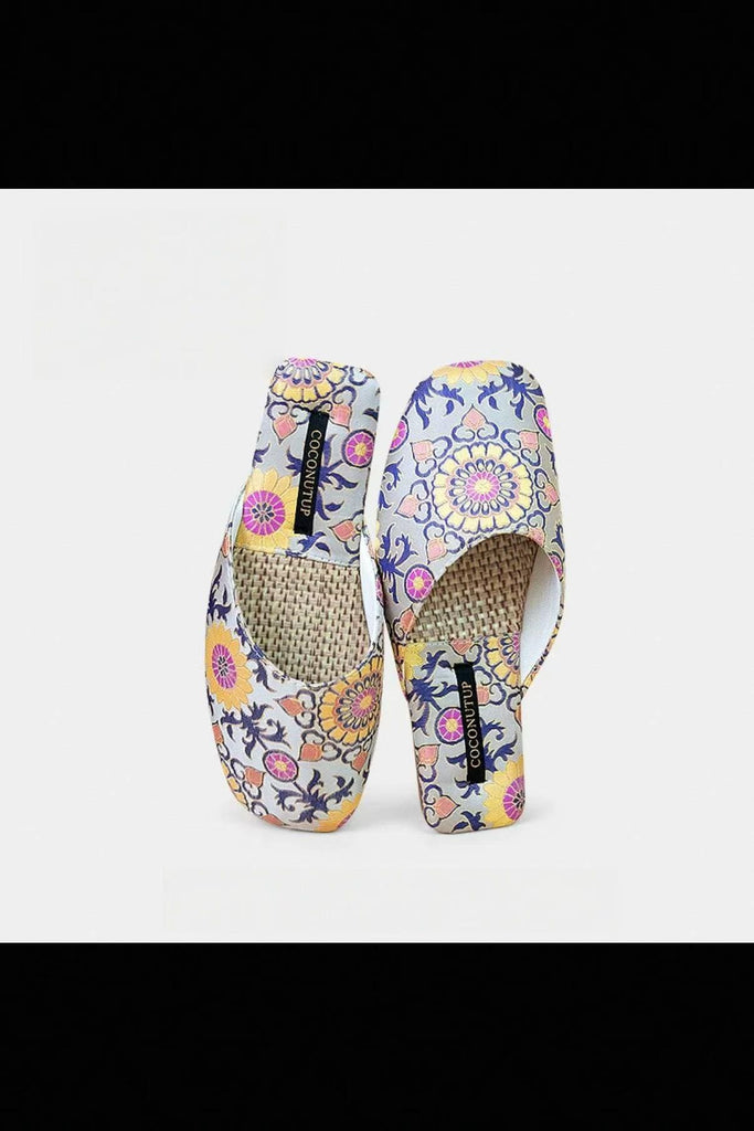 Embroidered Satin Slippers Oriental Style Handmade Indoor Summer Footwear Nature Mesh Slippers for Housewarming Gift for Mother’s Day
