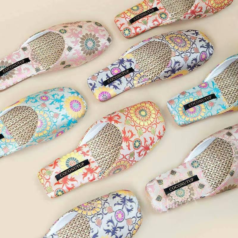Embroidered Satin Slippers Oriental Style Handmade Indoor Summer Footwear Nature Mesh Slippers for Housewarming Gift for Mother’s Day