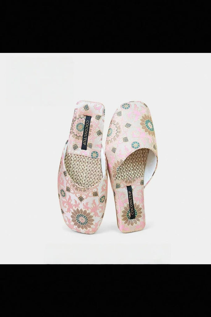Embroidered Satin Slippers Oriental Style Handmade Indoor Summer Footwear Nature Mesh Slippers for Housewarming Gift for Mother’s Day
