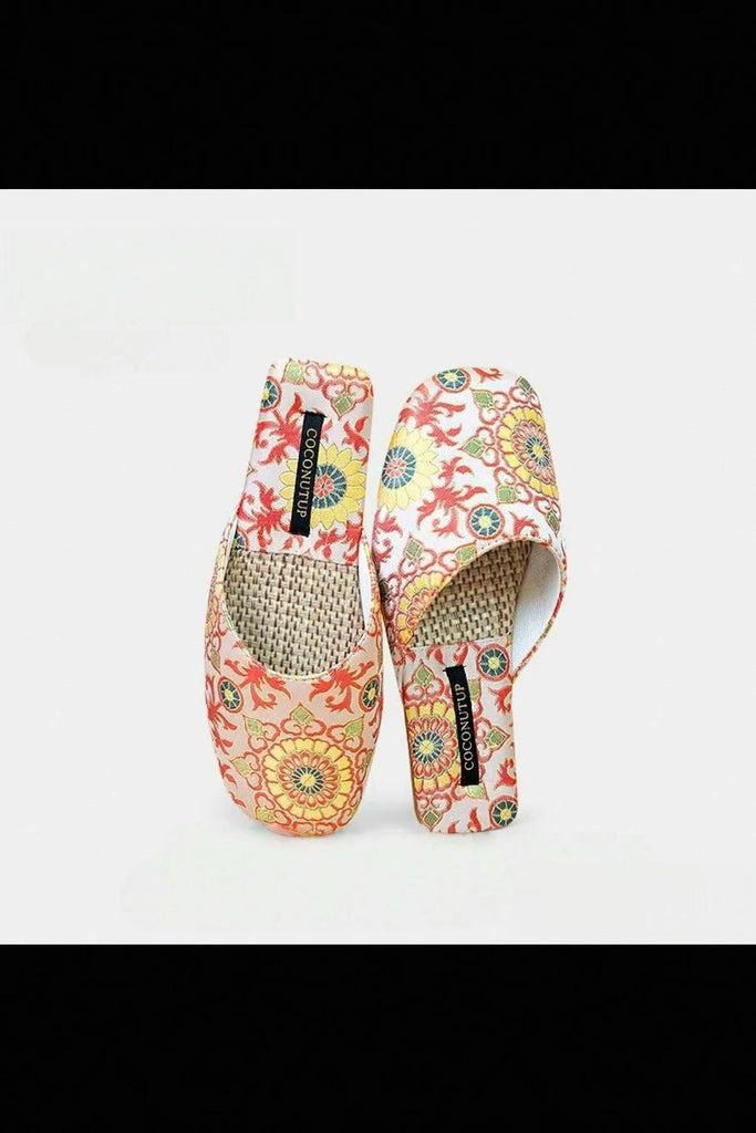 Embroidered Satin Slippers Oriental Style Handmade Indoor Summer Footwear Nature Mesh Slippers for Housewarming Gift for Mother’s Day