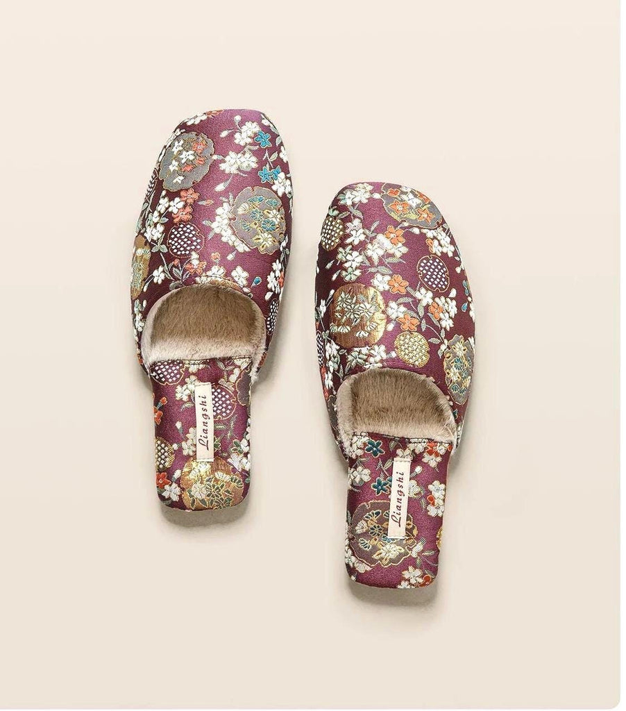 Kimono Slippers for Women All Season Slipper Qipao-Inspired Embroidered House Shoes | Floral Silk Indoor Slippers Housewarming Gift Idea