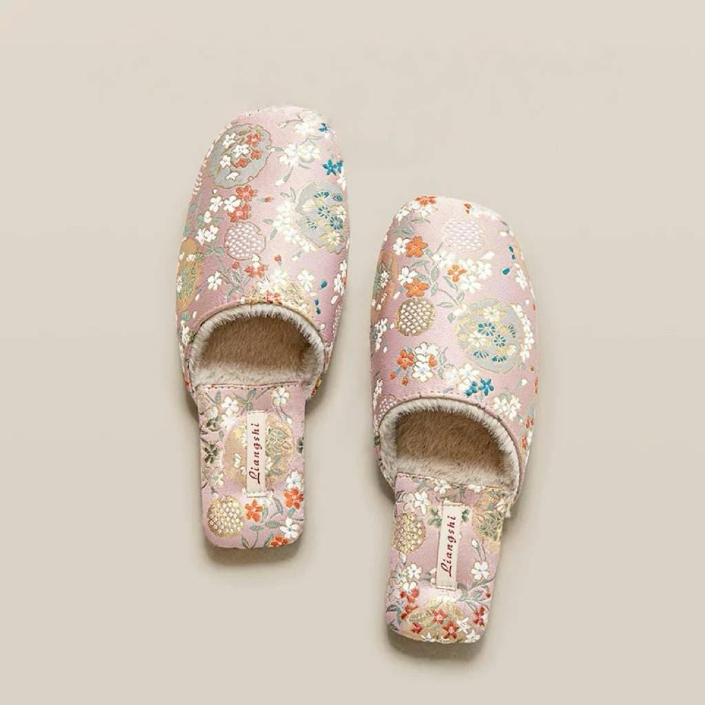 Kimono Slippers for Women All Season Slipper Qipao-Inspired Embroidered House Shoes | Floral Silk Indoor Slippers Housewarming Gift Idea
