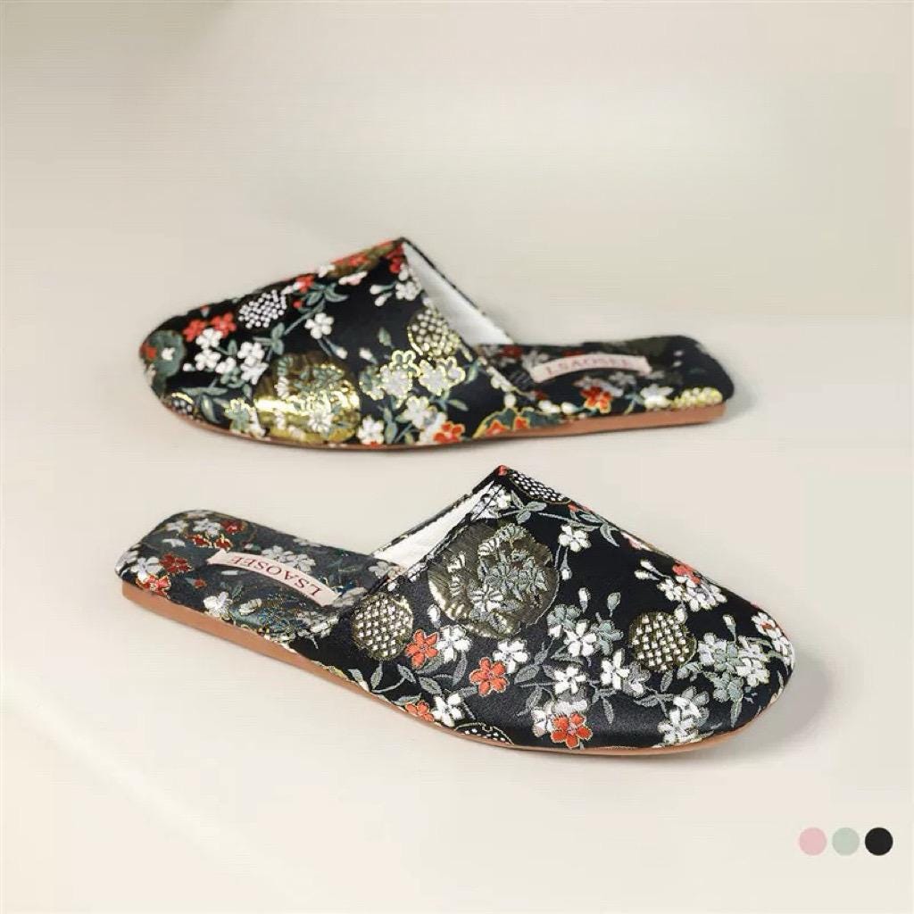Kimono Slippers for Women All Season Slipper Qipao-Inspired Embroidered House Shoes | Floral Silk Indoor Slippers Housewarming Gift Idea