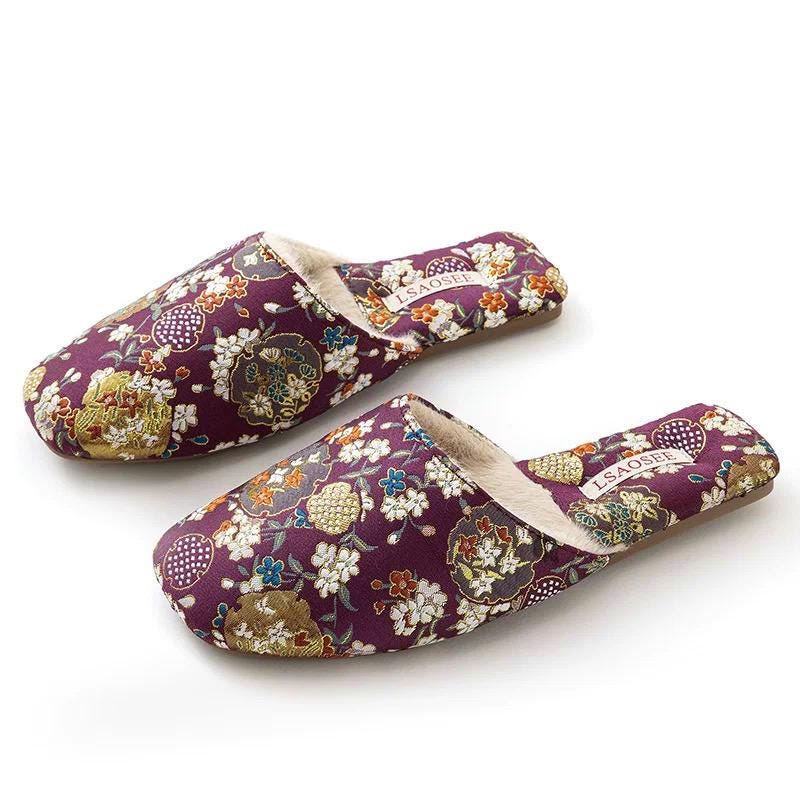 Kimono Slippers for Women All Season Slipper Qipao-Inspired Embroidered House Shoes | Floral Silk Indoor Slippers Housewarming Gift Idea