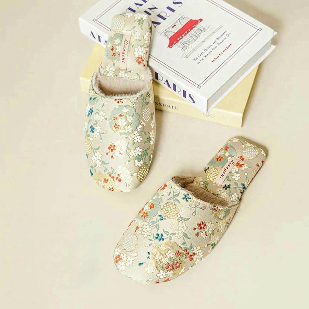 Kimono Slippers for Women All Season Slipper Qipao-Inspired Embroidered House Shoes | Floral Silk Indoor Slippers Housewarming Gift Idea