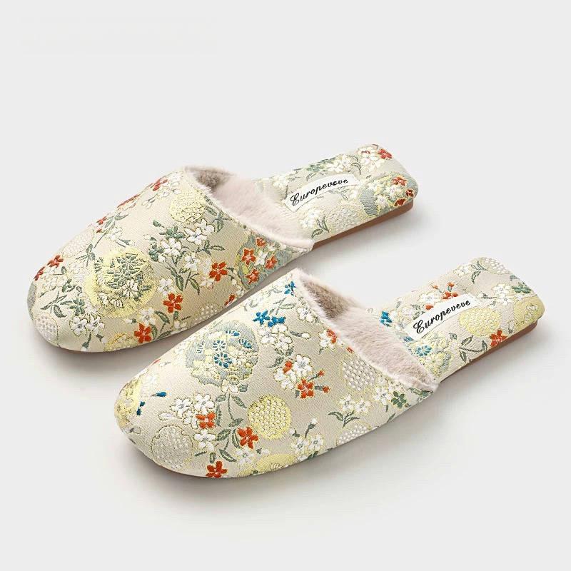 Kimono Slippers for Women All Season Slipper Qipao-Inspired Embroidered House Shoes | Floral Silk Indoor Slippers Housewarming Gift Idea