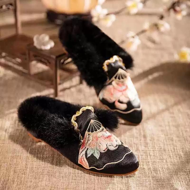 Embroidered Oriental Slippers: Handmade Faux Fur Lined Mules