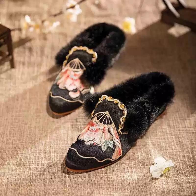 Embroidered Oriental Slippers: Handmade Faux Fur Lined Mules