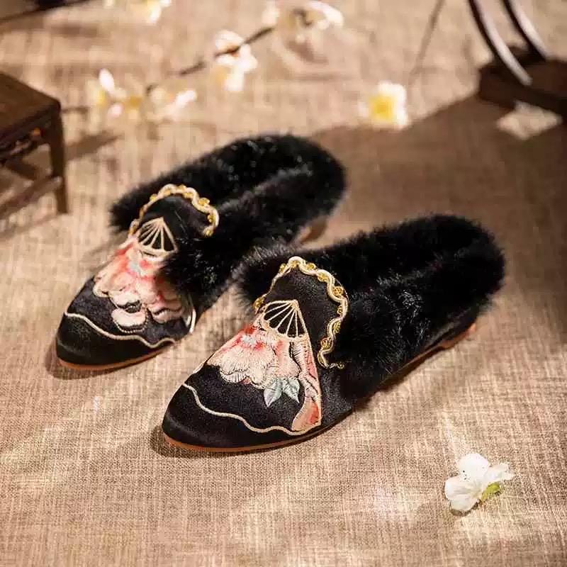 Embroidered Oriental Slippers: Handmade Faux Fur Lined Mules