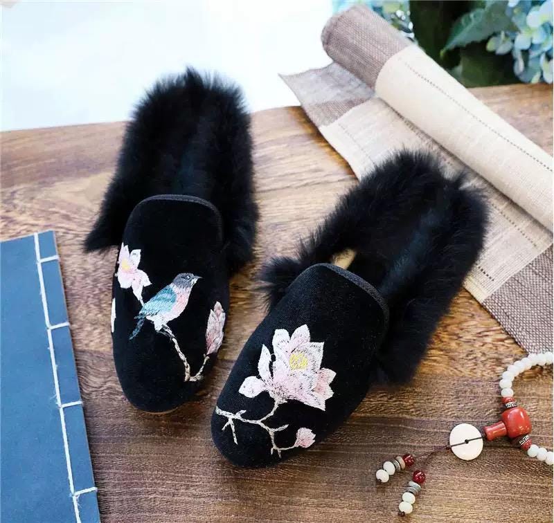 Embroidered Oriental Slippers: Handmade Faux Fur Lined Mules