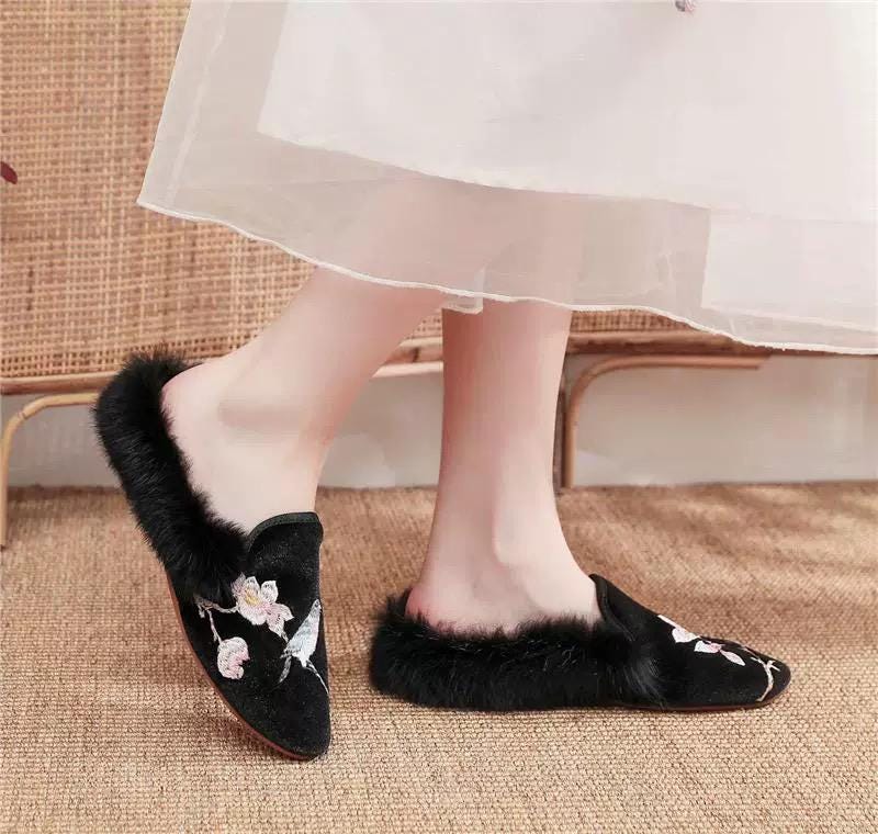 Embroidered Oriental Slippers: Handmade Faux Fur Lined Mules