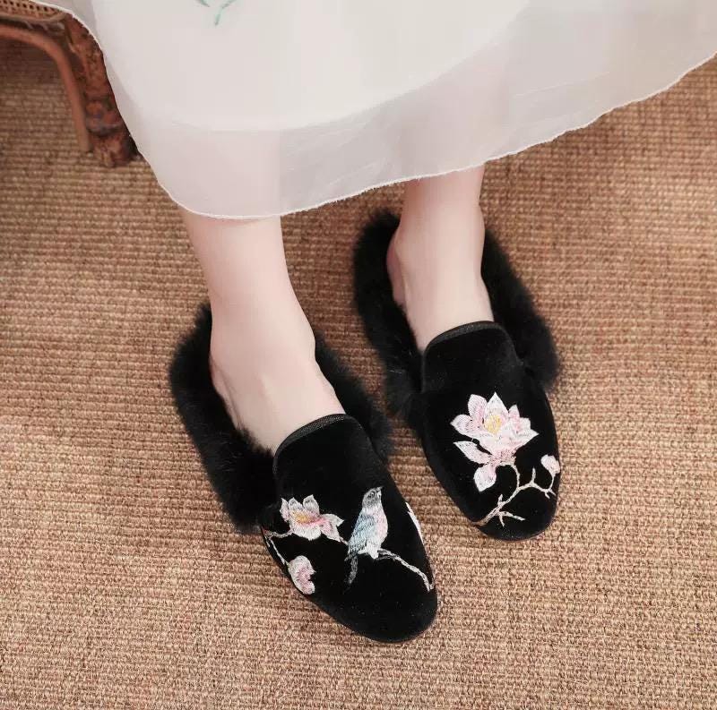 Embroidered Oriental Slippers: Handmade Faux Fur Lined Mules