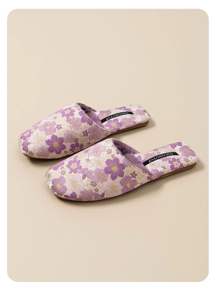 Embroidered Floral Slippers: Faux Fur Lined Winter House Shoes