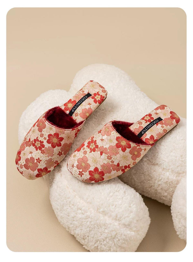 Embroidered Floral Slippers: Faux Fur Lined Winter House Shoes