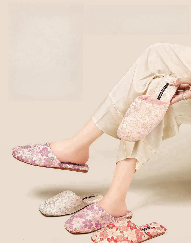 Embroidered Floral Slippers: Faux Fur Lined Winter House Shoes