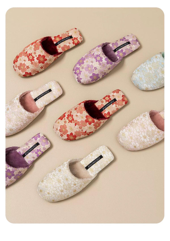 Embroidered Floral Slippers: Faux Fur Lined Winter House Shoes