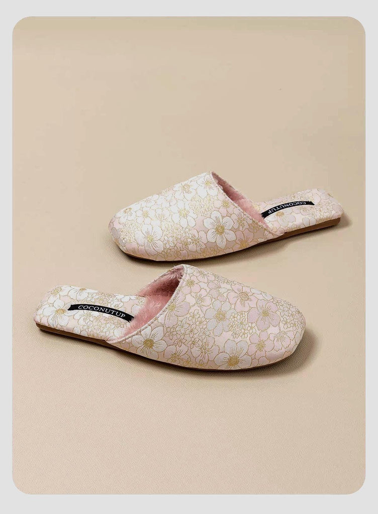 Embroidered Floral Slippers: Faux Fur Lined Winter House Shoes