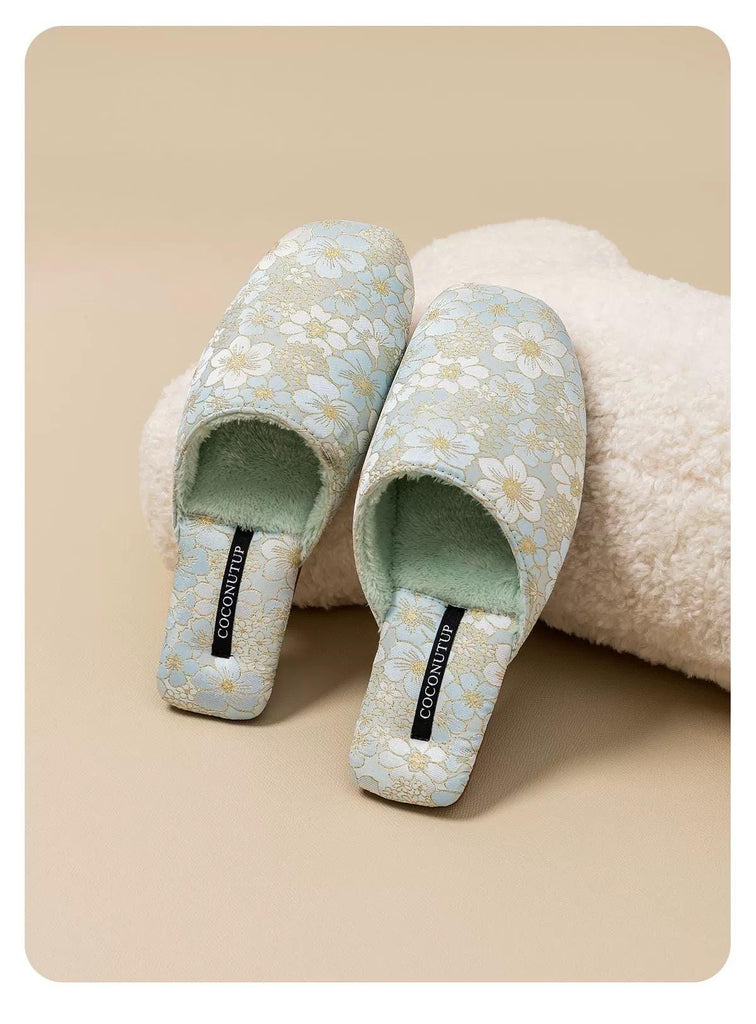 Embroidered Floral Slippers: Faux Fur Lined Winter House Shoes