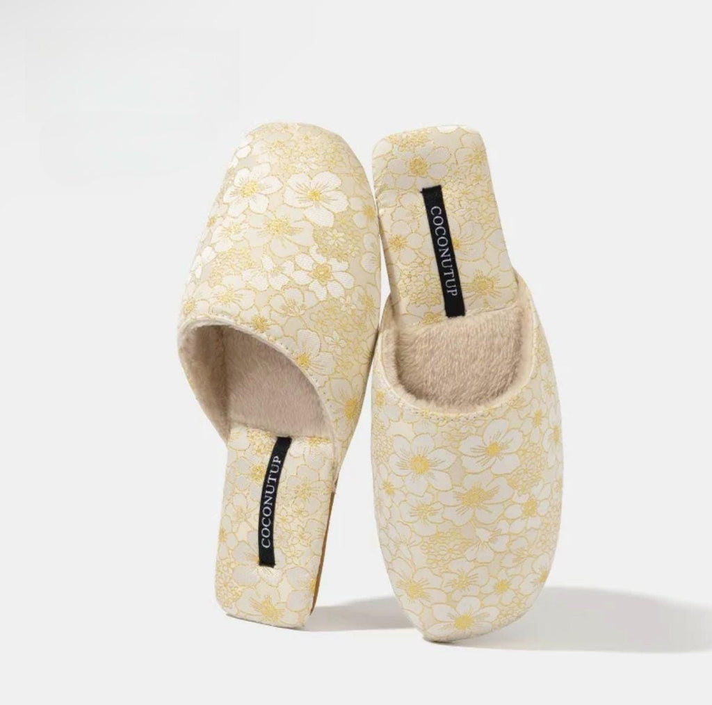 Embroidered Floral Slippers: Faux Fur Lined Winter House Shoes