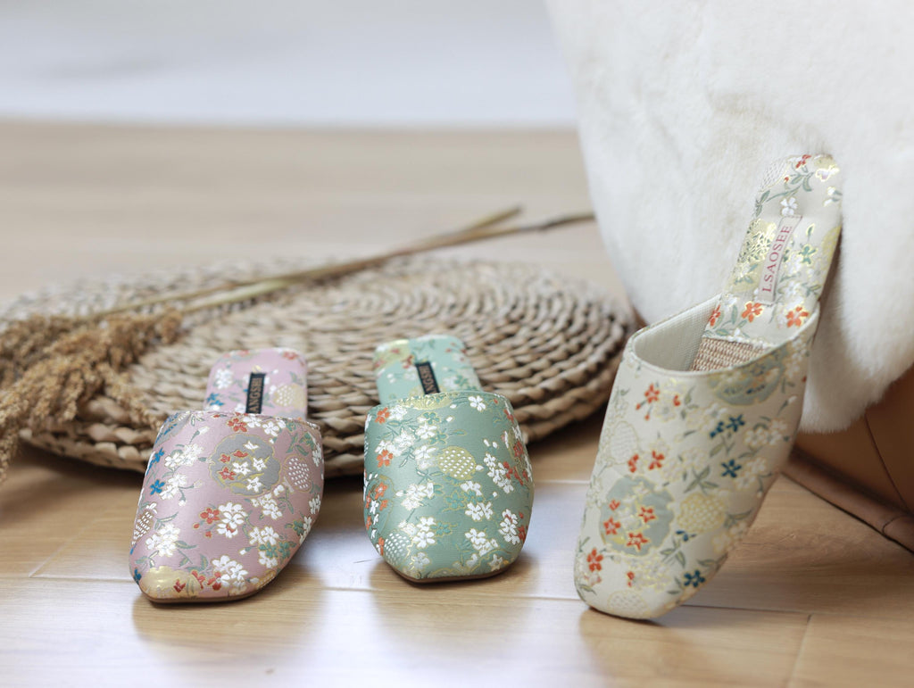 Breathable Mesh Embroidered Slippers – Lightweight House Shoes with Oriental Floral Design Indoor Slippers for Women, Kimono Robe Shoes