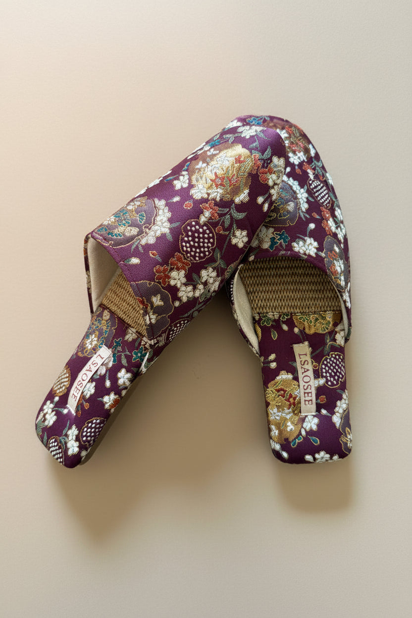 Breathable Mesh Embroidered Slippers – Lightweight House Shoes with Oriental Floral Design Indoor Slippers for Women, Kimono Robe Shoes