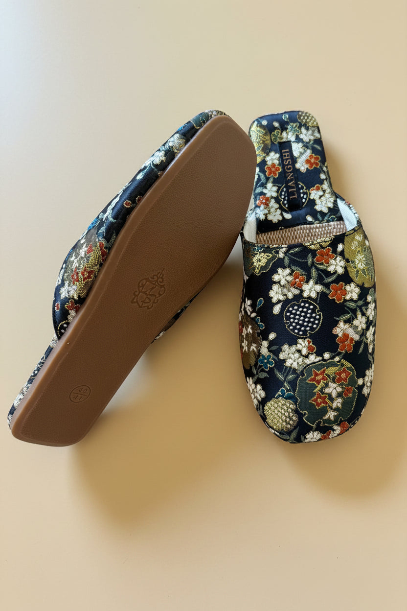 Breathable Mesh Embroidered Slippers – Lightweight House Shoes with Oriental Floral Design Indoor Slippers for Women, Kimono Robe Shoes