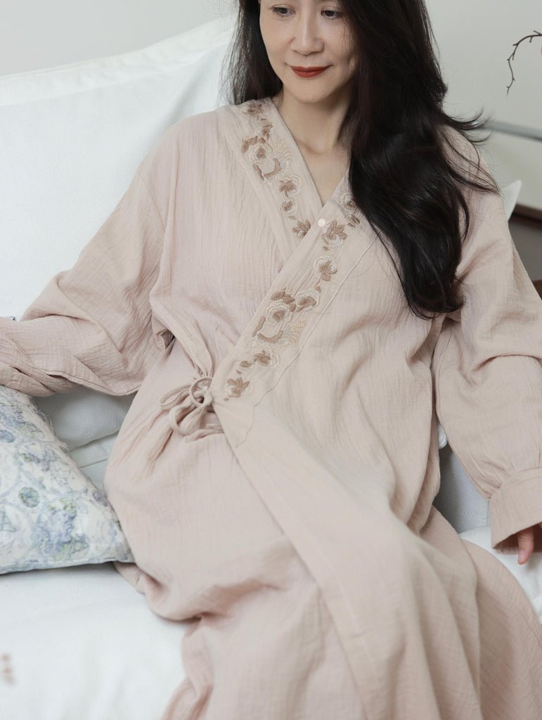 Hand-Embroidered Gauze Cotton Kimono Robe: Lightweight Summer Lounge Wear