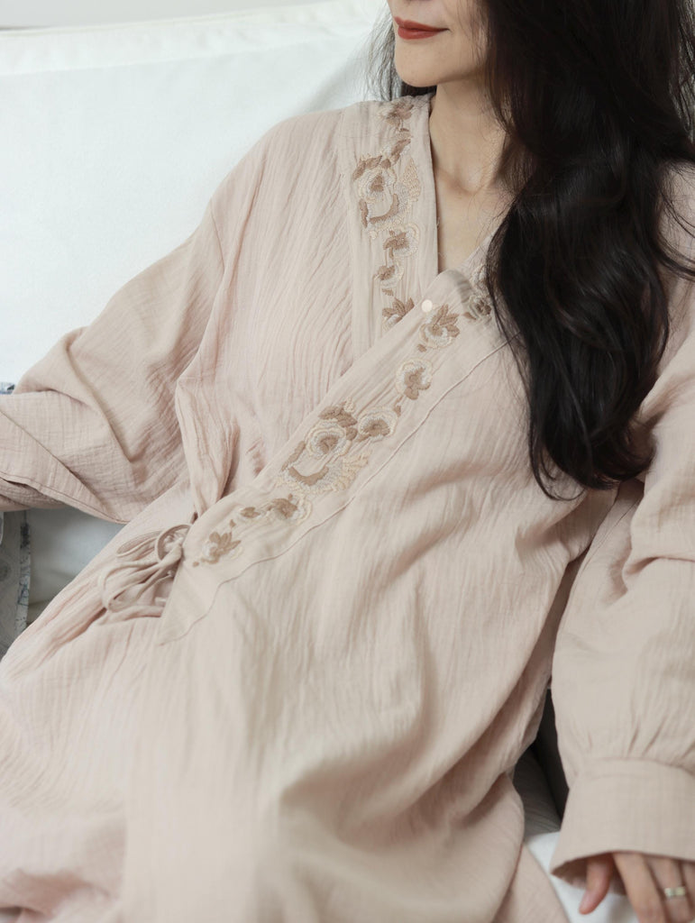 Hand-Embroidered Gauze Cotton Kimono Robe: Lightweight Summer Lounge Wear