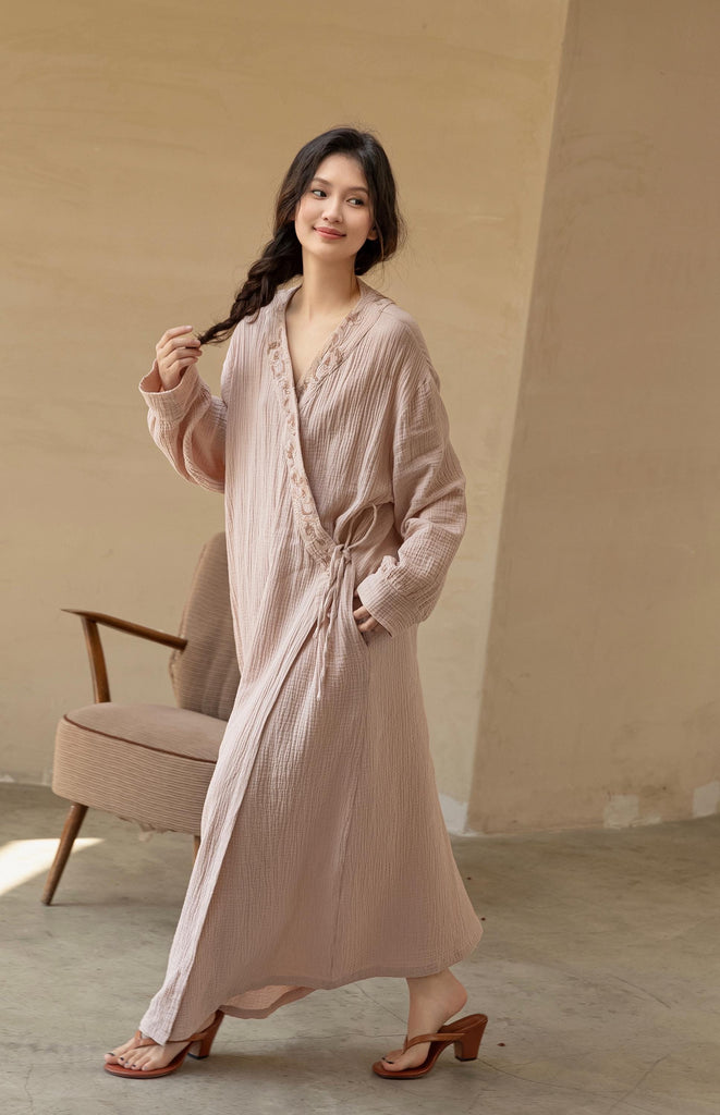 100% Cotton Gauze & Silk Embroidered Robe | Elegant Loungewear & Home Office Dress | Breathable & Lightweight