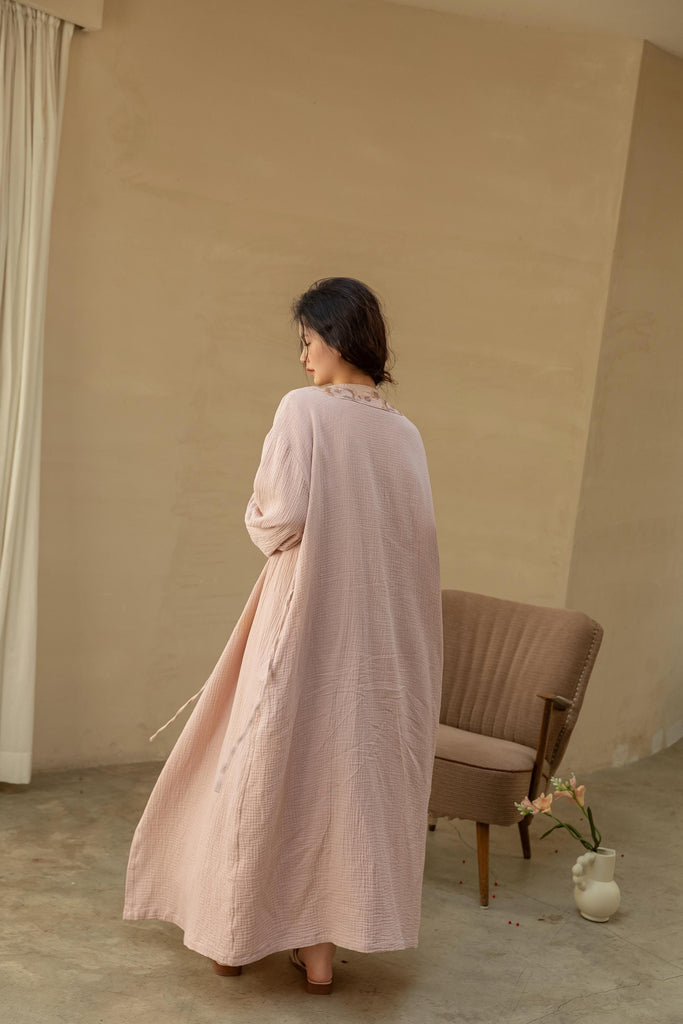 100% Cotton Gauze & Silk Embroidered Robe | Elegant Loungewear & Home Office Dress | Breathable & Lightweight