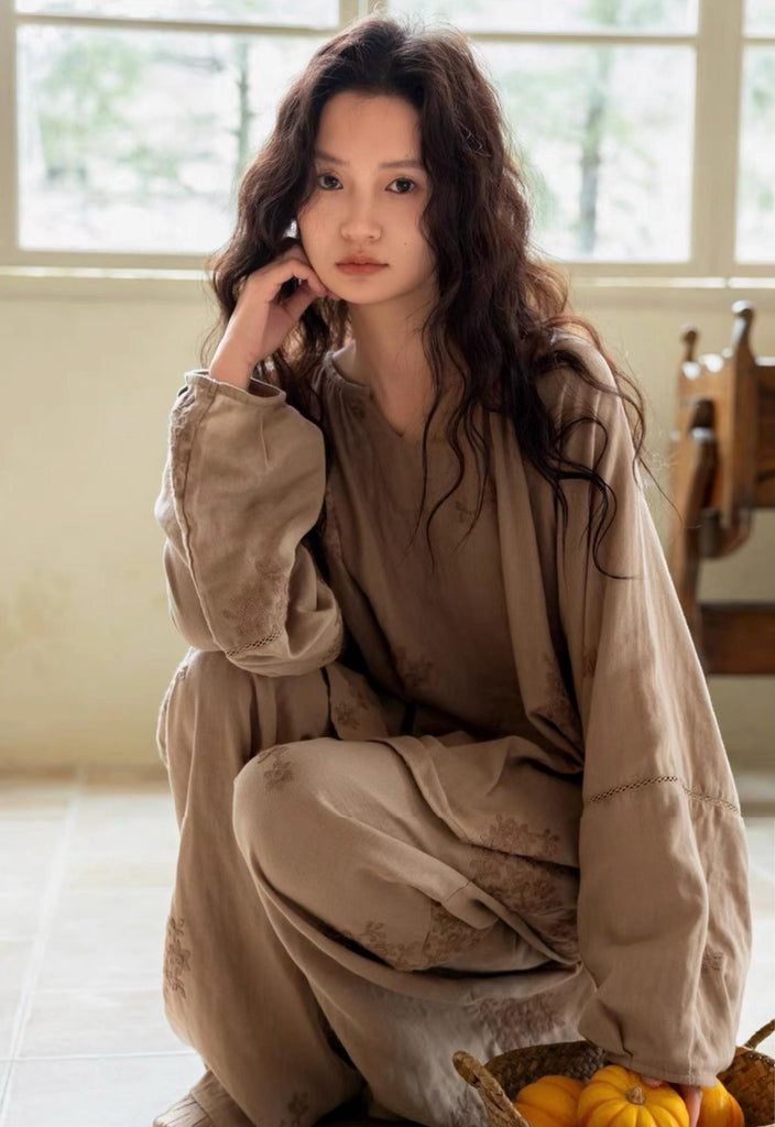 Premium Bamboo Cotton Loungewear Set - Casual Outfit for Indoor Relaxation and Outdoor Wear, Eco-Friendly Botanical Embroidered Pyjamas