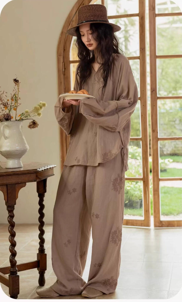 Premium Bamboo Cotton Loungewear Set - Casual Outfit for Indoor Relaxation and Outdoor Wear, Eco-Friendly Botanical Embroidered Pyjamas