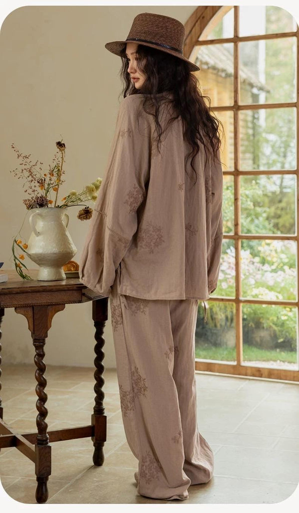 Premium Bamboo Cotton Loungewear Set - Casual Outfit for Indoor Relaxation and Outdoor Wear, Eco-Friendly Botanical Embroidered Pyjamas
