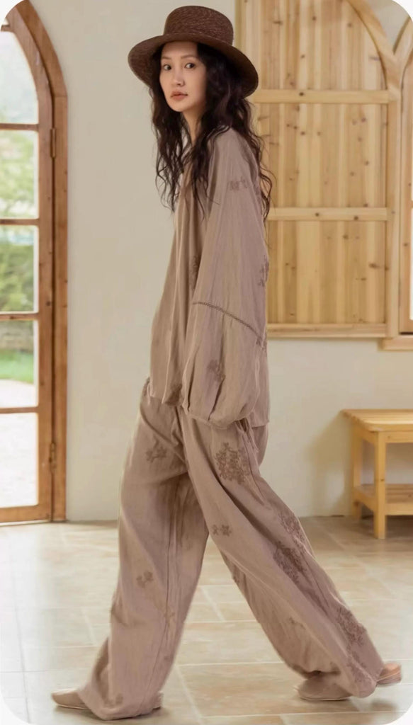 Premium Bamboo Cotton Loungewear Set - Casual Outfit for Indoor Relaxation and Outdoor Wear, Eco-Friendly Botanical Embroidered Pyjamas