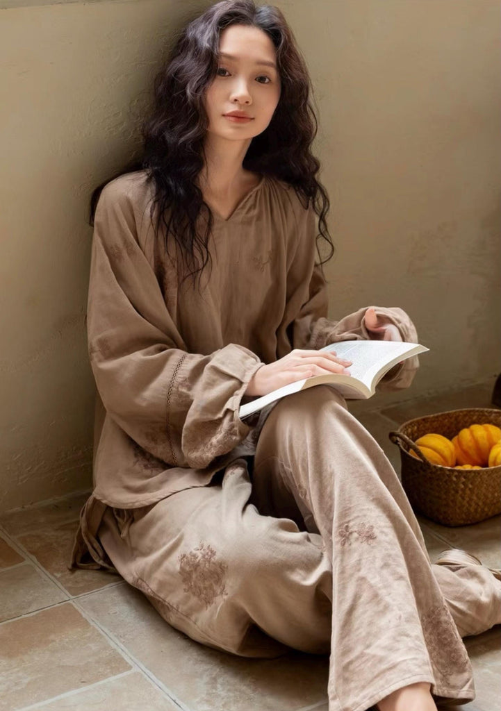 Premium Bamboo Cotton Loungewear Set - Casual Outfit for Indoor Relaxation and Outdoor Wear, Eco-Friendly Botanical Embroidered Pyjamas