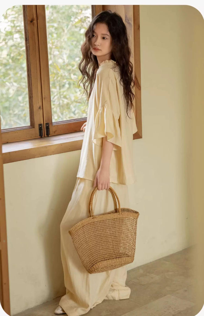 Butter Yellow Bamboo Lounge Set: Ruffle Sleeve Loungewear