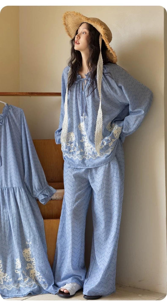 Embroidered Gauze Cotton Loungewear Set or Dress: Relaxed Fit Sleepwear