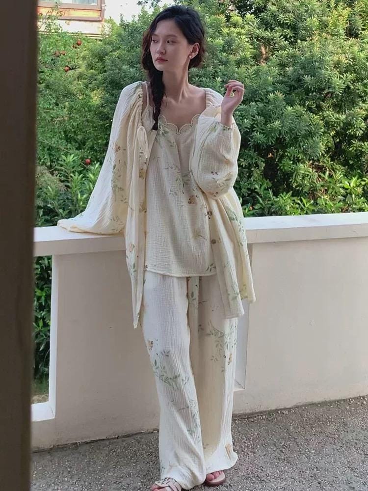 Gauze Pyjamas 3PCS Set with Camisole & Robe Sustainable Tie-Dye Loungewear Lightweight Breathable Organic Cotton Summer pyjamas