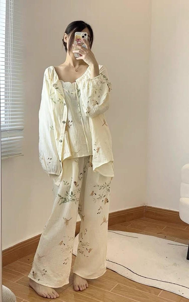 Gauze Pyjamas 3PCS Set with Camisole & Robe Sustainable Tie-Dye Loungewear Lightweight Breathable Organic Cotton Summer pyjamas