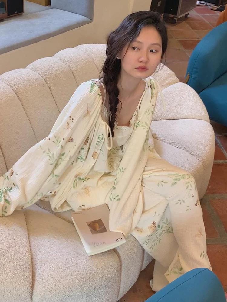 Gauze Pyjamas 3PCS Set with Camisole & Robe Sustainable Tie-Dye Loungewear Lightweight Breathable Organic Cotton Summer pyjamas