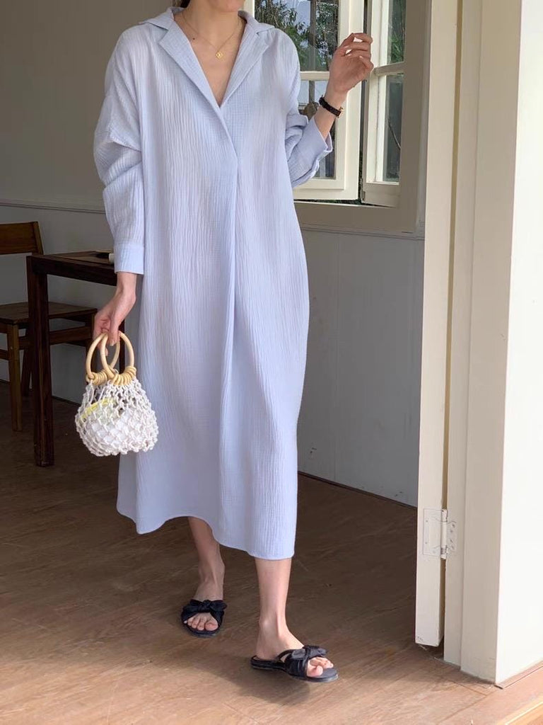 Linen Cotton Shirt Dress: Light Blue Relaxed Fit Summer Tunic