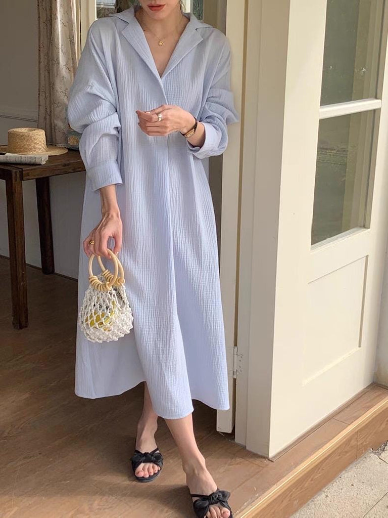 Linen Cotton Shirt Dress: Light Blue Relaxed Fit Summer Tunic
