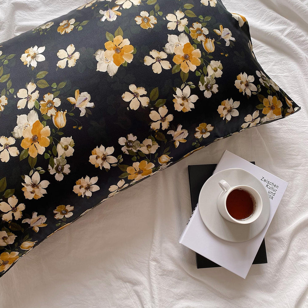 Blossom Flowers Mulberry Silk Pillowcase with Silk Eye Mask Gift Set: Luxury Silk Bedding Dark Colour Silk Pillowcase Skin and Hair Care