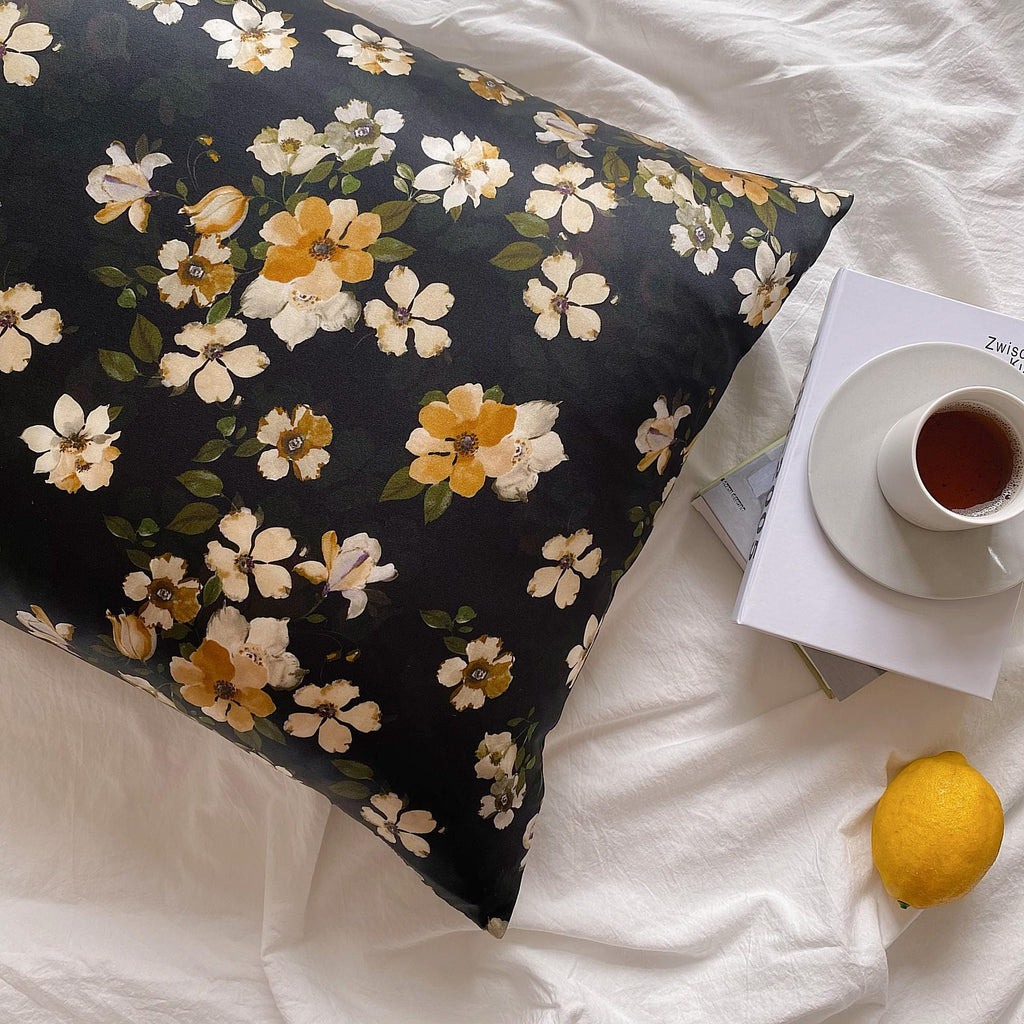 Blossom Flowers Mulberry Silk Pillowcase with Silk Eye Mask Gift Set: Luxury Silk Bedding Dark Colour Silk Pillowcase Skin and Hair Care