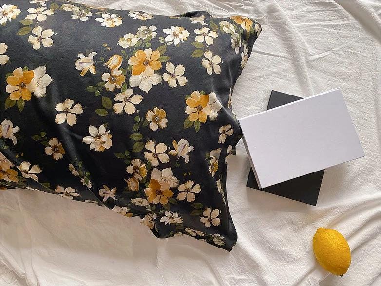 Blossom Flowers Mulberry Silk Pillowcase with Silk Eye Mask Gift Set: Luxury Silk Bedding Dark Colour Silk Pillowcase Skin and Hair Care