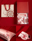 Luxury silk travel set including a 48×74 cm silk pillowcase, 20.5×8.5 cm silk eye mask, and 8.5×3 cm silk hairband, crafted from premium mulberry silk for ultimate comfort and elegance. 