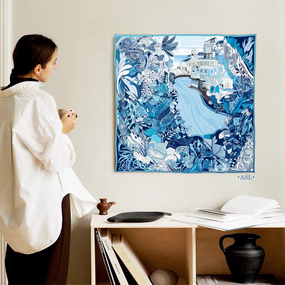 Customized Silk Scarf for Summer 90cm Handmade Silk Shawl Top Ideal for Beach Holiday Gift for Her Blue Artisan Beachwear